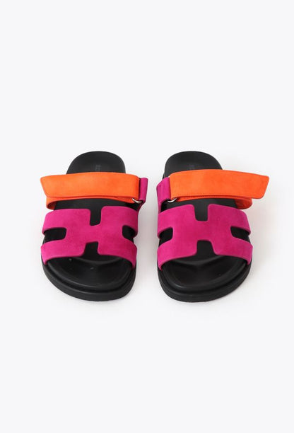 Hermes Pink/Orange Suede Chypre Flat Slides