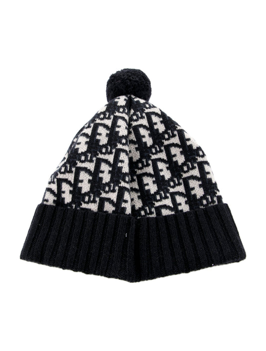 Christian Dior Oblique Pompom Beanie in Navy Blue Cashmere