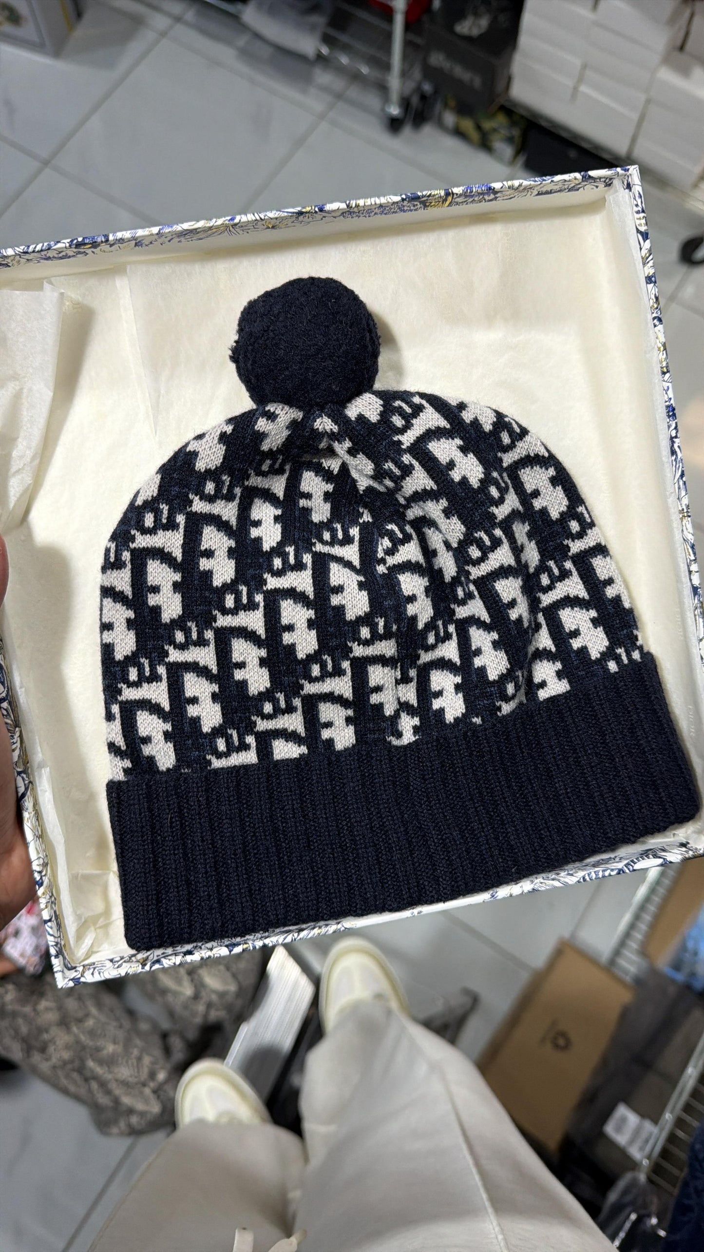 Christian Dior Oblique Pompom Beanie in Navy Blue Cashmere