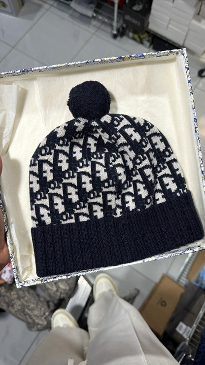 Christian Dior Oblique Pompom Beanie in Navy Blue Cashmere