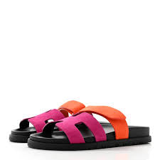 Hermes Pink/Orange Suede Chypre Flat Slides