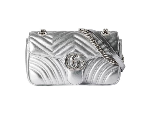Gucci GG Marmont small shoulder bag in silver metallic leather
