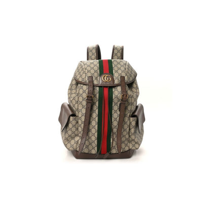GG Supreme Monogram Medium Ophidia Double Buckle Backpack Brown