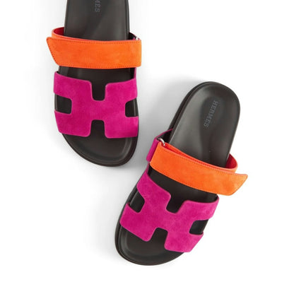 Hermes Pink/Orange Suede Chypre Flat Slides