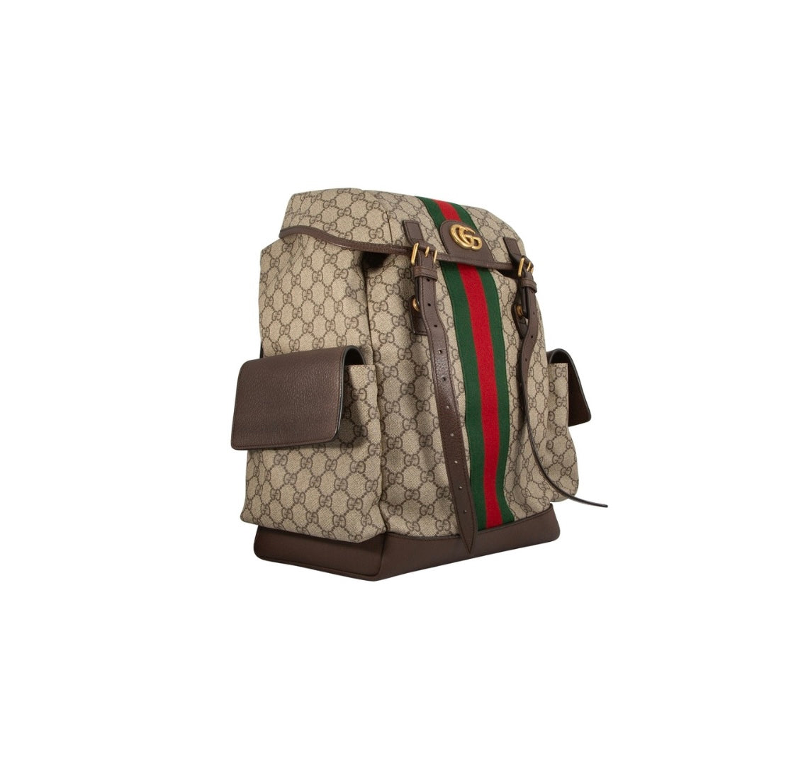 GG Supreme Monogram Medium Ophidia Double Buckle Backpack Brown